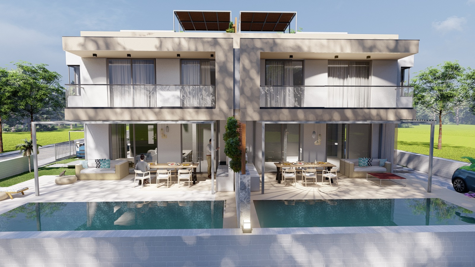 Architectural visualisation of luxury twin villas with private swimming pools in Dalaman, Turkey